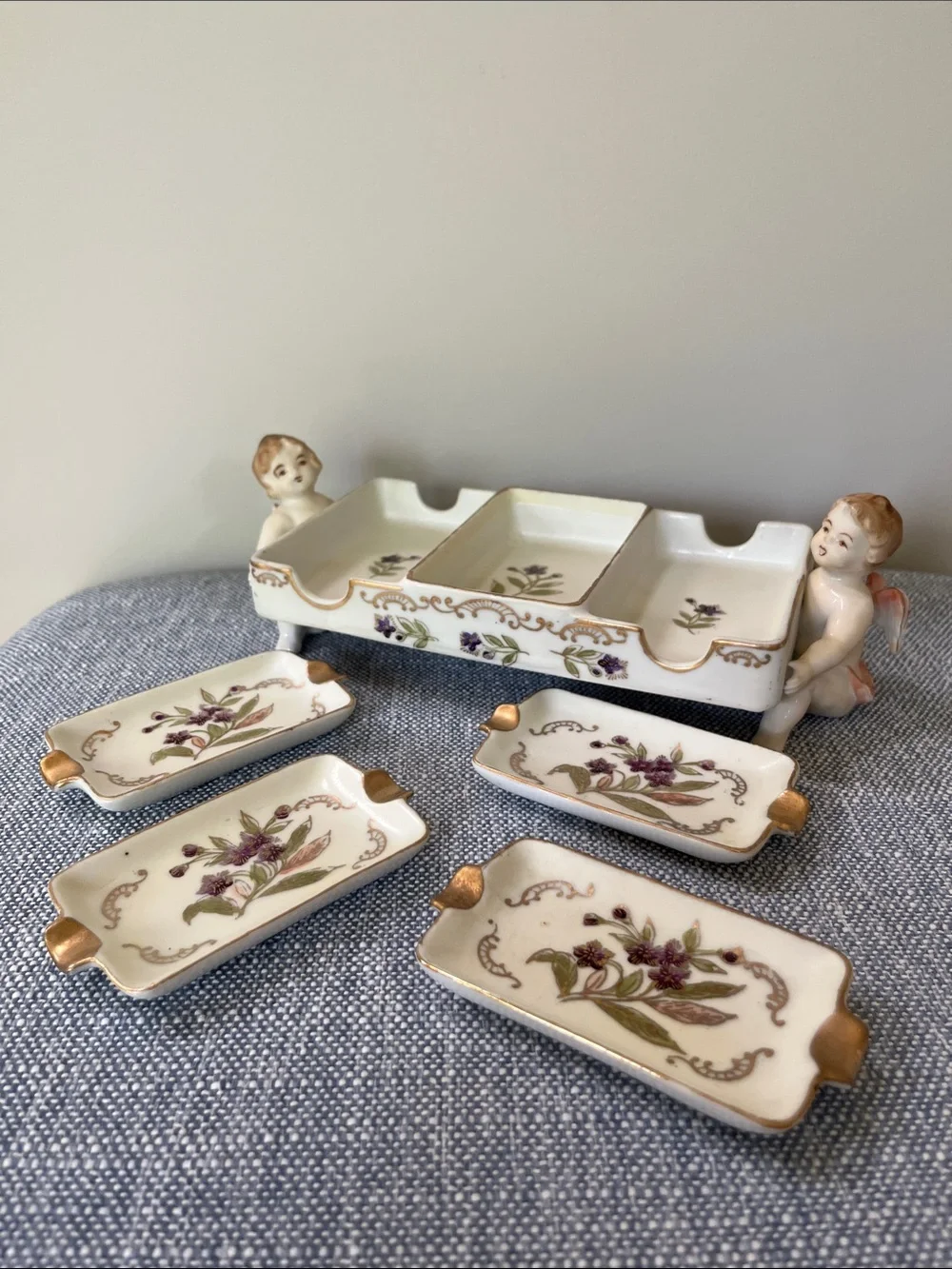 Vintage Cigarette Box Tray Ashtray Lenwile Ardalt Japan Parlor Set Cherubs